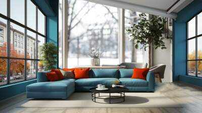 A mid-century modern lounge with a log table, two white chairs and an armchair in the center of the room, floor-to-ceiling Windows overlooking the cityscape, minimalist, dark green walls, neutral hues Wall mural