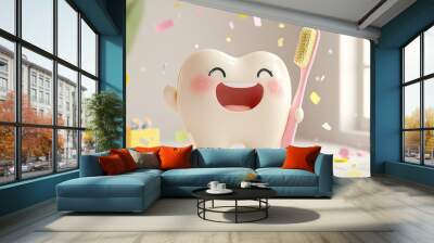 Adorable Smiling Tooth Character Holding Giant Toothbrush: Playful Dental Hygiene Concept. Creative Abstract Illustration for Oral Care Awareness, Kids' Dentistry, and Dental Clinic Marketing on Soft  Wall mural