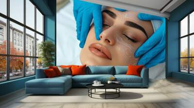 Beauty Concept, a close-up photo of the face and neck, shows an attractive woman receiving hyaluronic acid treatment at a beauty salon. The patient lay on a white table with his eyes closed. She wore  Wall mural