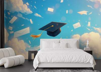 Floating Graduation Cap with Yellow Tassel Against Blue Sky: Creative Abstract Marketing Background for Education Concepts. Sunlit Bokeh with Clouds, Paper Planes, and Envelopes Symbolizing Dreams, Fr Wall mural