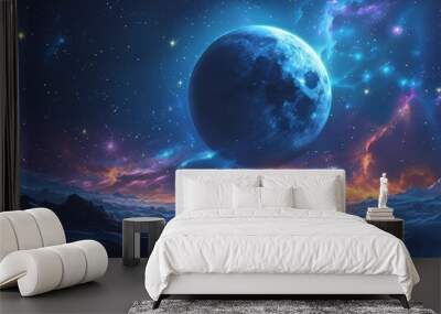 In the vast expanse of space, two moons reflection each other on water surface, stars and milky way in background,  Wall mural