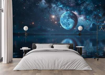 In the vast expanse of space, two moons reflection each other on water surface, stars and milky way in background,  Wall mural