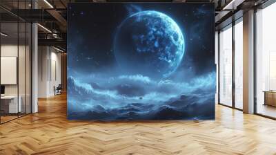 In the vast expanse of space, two moons reflection each other on water surface, stars and milky way in background,  Wall mural