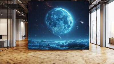 In the vast expanse of space, two moons reflection each other on water surface, stars and milky way in background,  Wall mural