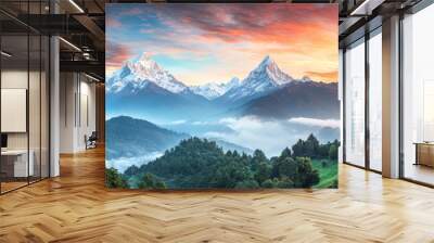 Majestic Himalayan Sunrise: Breathtaking Panorama of Snow-Capped Peaks and Vibrant Sky over Lush Green Hills. AI-Generated 4K Wallpaper for Nature Lovers, Adventure Tourism, and Seasonal Marketing Cam Wall mural