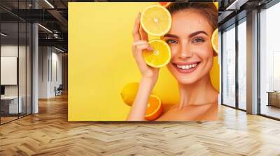 Natural vitamin C tablets for skin care. Happy women organic sliced citrus fruits, vitamin C skin care new concept: natural kiwi, beauty and health. Wall mural