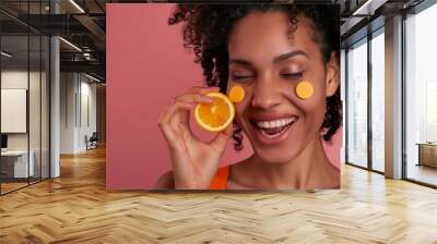 Natural vitamin C tablets for skin care. Happy women organic sliced citrus fruits, vitamin C skin care new concept: natural kiwi, beauty and health. Wall mural