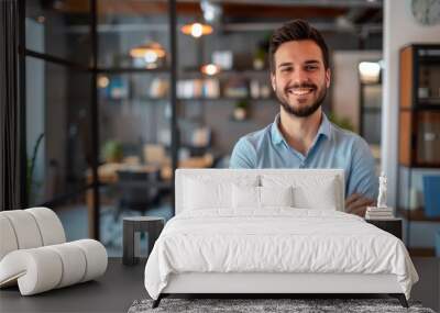 Portrait of young handsome smiling business guy wearing gray shirt and glasses, feeling confident with crossed arms,  isolated on white background Wall mural