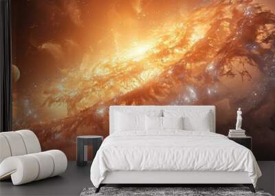 Realistic shot of A distant galaxy with two suns, orbiting around the black hole in space. The stars and planets float gently above the swirling gas clouds. In front is an irregular circular structure Wall mural