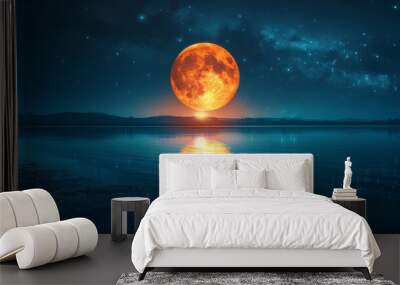 Two moons in the sky, milky way, reflection on water surface, fantasy landscape, minimalist design, space for text, wide angle lens, hyper realistic Wall mural