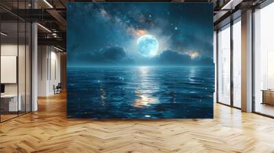 Two moons in the sky, milky way, reflection on water surface, fantasy landscape, minimalist design, space for text, wide angle lens, hyper realistic Wall mural