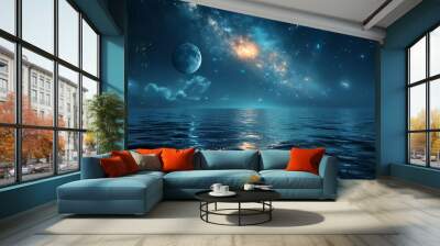 Two moons in the sky, milky way, reflection on water surface, fantasy landscape, minimalist design, space for text, wide angle lens, hyper realistic Wall mural