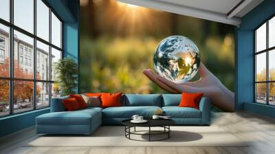 Woman Holding Earth: Creative Concept for Earth Day and Environmental Sustainability. Abstract Illustration of Climate Action, Global Warming, and Eco-friendly Living. Minimalist Design for World Envi Wall mural