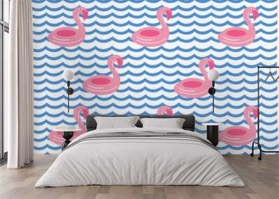 Set of wave icons in blue isolated on a white background with vector flamingos. Cartoon illustration of a blue wave, flamingos in water Wall mural