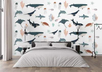 Vector flat illustration isolated on white background, sea animals set, vector whale, shark, narwhal, jellyfish, dolphin, stingray, turtle and shrimp Wall mural