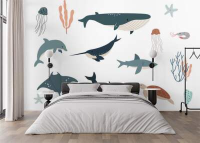 Vector flat illustration isolated on white background, sea animals set, vector whale, shark, narwhal, jellyfish, dolphin, stingray, turtle and shrimp Wall mural