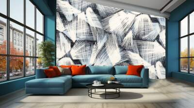 Abstract white geometric shapes on dark blue fabric. Brush like lines print as background. Wall mural