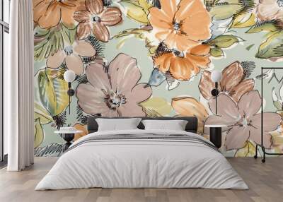 Floral pattern on blue fabric. Brown and orange flowers print as background. Wall mural