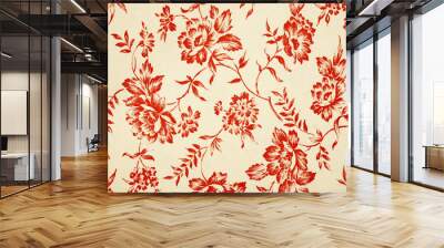 Floral pattern on white fabric. Graphic red roses print as background. Wall mural