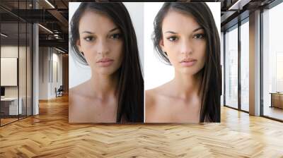 Portrait of a beautiful brunette girl before and after retouching with photoshop. Bad photo vs good photo, acne beauty treatment. Edited photos being compared. Wall mural