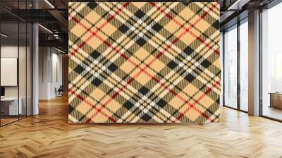 Scottish tartan pattern. Orange with red, white, black plaid print as background. Symmetric rhombus square pattern. Wall mural