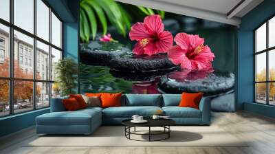 Peaceful Retreat: Floating Hibiscus and Polished Rocks Wall mural