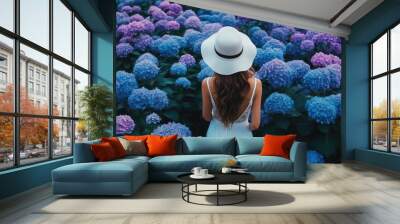 Whimsical Woman in a Field of Vibrant Hydrangeas Wall mural