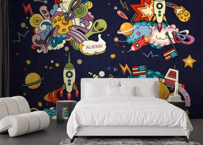 Cartoon vector illustration of space. Moon, planet, rocket, earth, cosmonaut, comet universe Classification milky way Hand drawn Abstract Wall mural