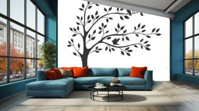 illustration tree with leaves and birds. Silhouette on white background. Wall mural