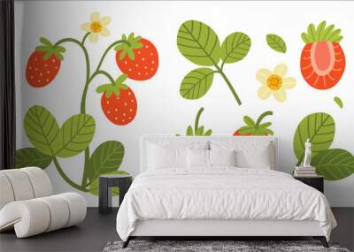 Set of ripe strawberries and pieces of fruit. Vector illustration isolated on white background. Wall mural