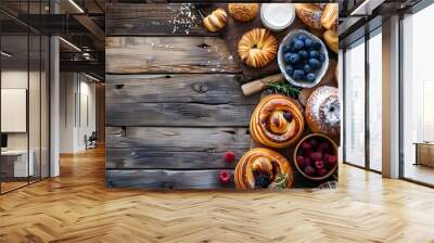 Sweet pastry with fruit on a wooden table. Wall mural