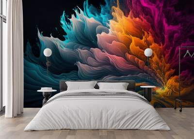 AI Generative, Colorful Fluid Splashes wallpaper, Paint water waves dark background with rainbow colors  Wall mural