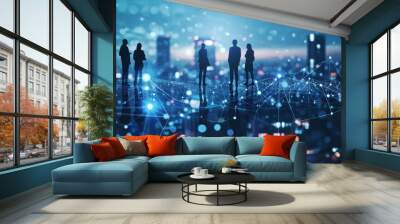 An artistic representation of a city skyline with interconnecting lines and dots, symbolizing the global connections fostered by business professionals Wall mural