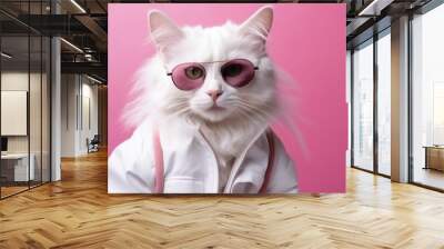 Cute white cat in a glasses, domestic pet concept Wall mural