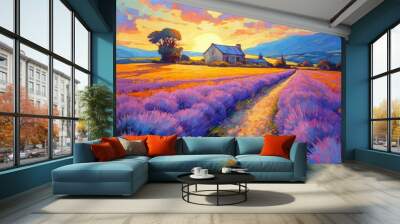 Lavender fields in Provence, artistic abstract oil painting style, ai generative Wall mural