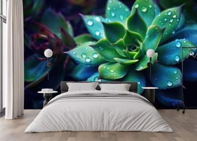 Succulent green blue background with water drop, ai generative Wall mural