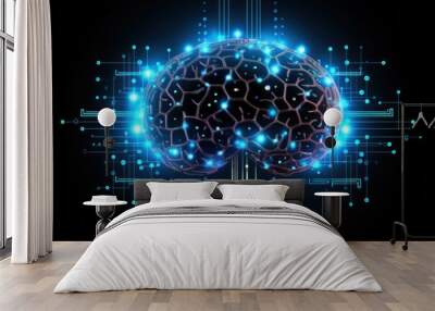 Technological Mind: Abstract Background with Glowing Data Dots and Brain Illustration Wall mural