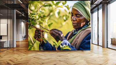 African farmer worker, woman working in orchard fruit garden. Generative AI Wall mural