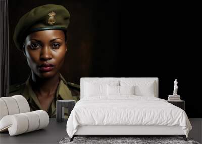 African woman wearing military uniform, female soldier. Studio portrait banner with dark copy space on side. Generative AI Wall mural