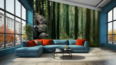 Camouflaged tactical commando soldier or airsoft player in green forest, face not visible behind mask and reflective goggles. Wide banner, space for text right side. Generative AI Wall mural