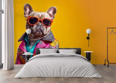 Cool looking French bulldog dog wearing funky fashion dress - jacket, tie, glasses. Wide banner with space for text right side. Stylish animal posing as supermodel. Generative AI Wall mural