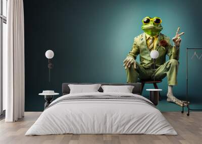 Cool looking frog wearing funky fashion dress - jacket, tie, glasses sitting on small chair. Wide banner with space for text left side. Stylish animal posing as supermodel. Generative AI Wall mural