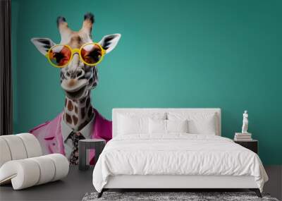 Cool looking giraffe wearing funky fashion dress - jacket, shirt, tie, sunglasses. Wide banner with space for text at side. Stylish animal posing. Generative AI Wall mural