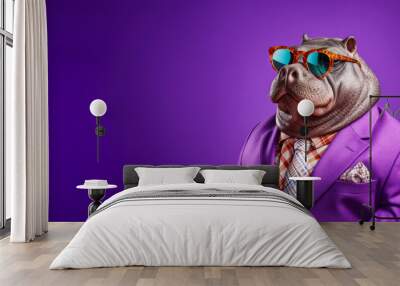 Cool looking hippo or hippopotamus wearing funky fashion dress - jacket, tie, glasses. Wide banner with space for text at side. Stylish animal posing as supermodel. Generative AI Wall mural