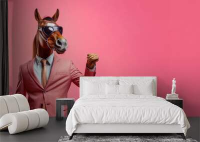 Cool looking horse dog wearing funky fashion dress - bright glittering jacket, vest, sunglasses. Wide pink banner with space for text right side. Stylish animal posing as supermodel. Generative AI Wall mural