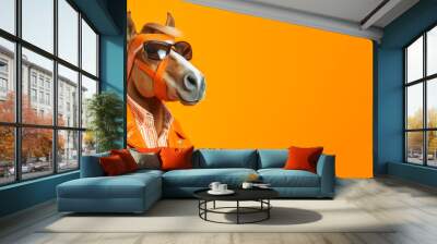 Cool looking horse dog wearing funky fashion dress - bright orange jacket, shirt, sunglasses. Wide banner with space for text right side. Stylish animal posing as supermodel. Generative AI Wall mural