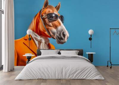 Cool looking horse dog wearing funky fashion dress - bright orange jacket, vest, sunglasses. Wide blue banner with space for text right side. Stylish animal posing as supermodel. Generative AI Wall mural