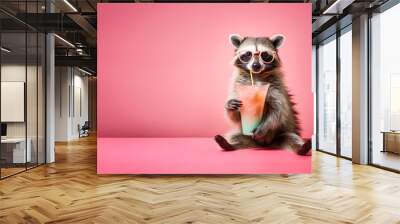 Cute racoon wearing sunglasses, holding drink, enjoying vacation, studio banner with copy space on side. Generative AI Wall mural