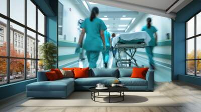 Doctors and medical staff transporting patient on stretchers in hospital. Photo from behind with motion blur to emphasise action and urgency. Generative AI Wall mural