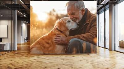 Elderly senior man playing with his dog outside, sun setting down in background. Generative AI Wall mural